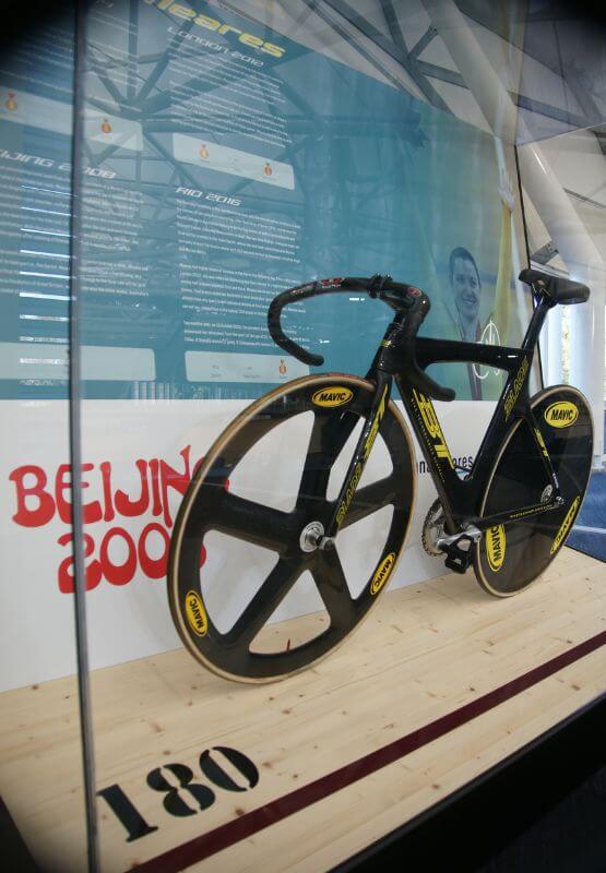 anna meares beijing olympic bike mounted on velodrome timber panel